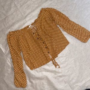 Off the shoulder yellow with white polka dots top